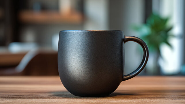 A sleek black mug on a wooden table, perfect for enjoying your favorite beverage. The minimalist design is both elegant and functional, offering a moment of calm and focus