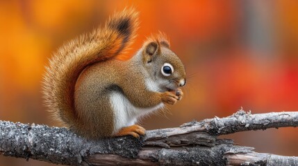 Wild fluffy squirrel sits on textured gray branch holding small nut during colorful autumn season