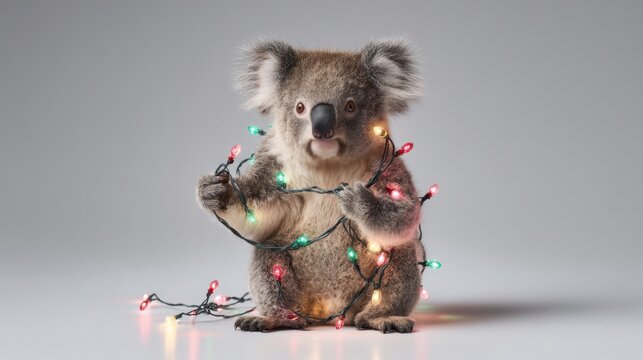 Fluffy koala sits quietly wrapped in tangle of colorful bright electric holiday string lights