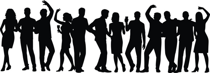 Party crowd silhouette set with dancing people, drinks, gestures, social interaction, celebration poses, formal attire, and festive mood