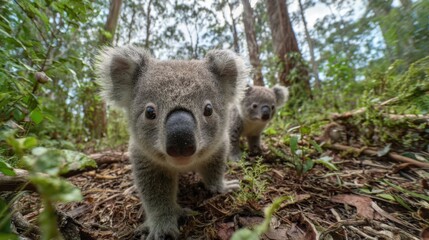 Obraz premium Cute koala cub stands on forest floor looking directly at camera lens while second koala walks behind.