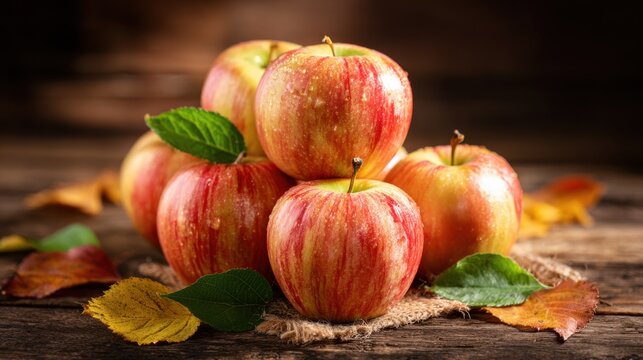Fresh red apples display autumn harvest bounty on rustic wood surface with colorful fallen leaves.