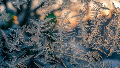 Intricate frost patterns adorn a winter windowpane