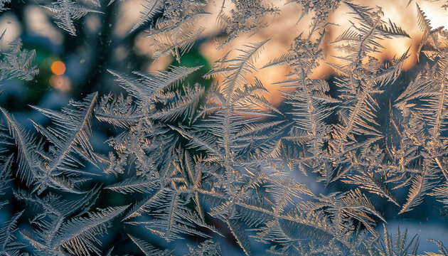 Intricate frost patterns adorn a winter windowpane