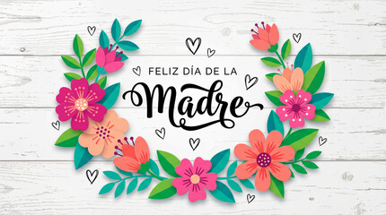 Elegant Feliz Día de la Madre Card | Pink Floral Wreath on White Rustic Wood