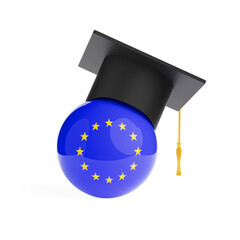 European Education Concept. Blue Sphere With EU Flag Wearing Graduation Cap. 3d Rendering