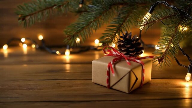 caja de regalo decorada con un lazo sobre una mesa de madera, acompa&ntilde;ada de una rama de pino, una pi&ntilde;a y luces navide&ntilde;as encendidas que crean un ambiente festivo y c&aacute;lido.
