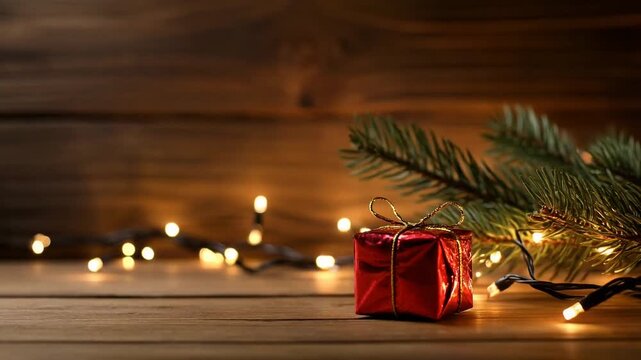 caja de regalo decorada con un lazo sobre una mesa de madera, acompa&ntilde;ada de una rama de pino, una pi&ntilde;a y luces navide&ntilde;as encendidas que crean un ambiente festivo y c&aacute;lido.