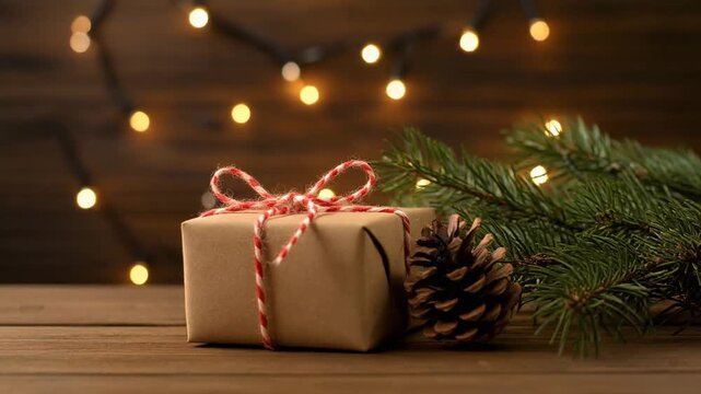 caja de regalo decorada con un lazo sobre una mesa de madera, acompa&ntilde;ada de una rama de pino, una pi&ntilde;a y luces navide&ntilde;as encendidas que crean un ambiente festivo y c&aacute;lido.