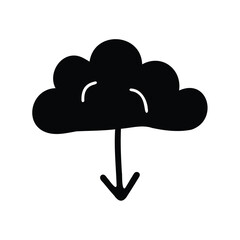 A simple digital rendering of a black raincloud with a downward arrow