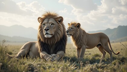Majestic male lion rests serenely as a young lioness stands guard in the golden savanna, a powerful symbol of family, strength, and the beauty of nature