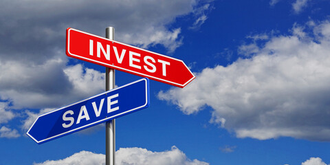 Financial Planning Concept. Directional Signpost With Red Invest And Blue Save Arrows Against Cloudy Sky Background. 3d Rendering
