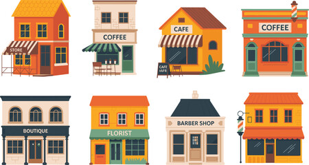 Storefront icon set with coffee shop, café, boutique, florist, barber shop, general store, colorful buildings, and small business theme