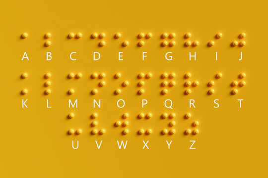 Accessibility And Education Concept. Yellow Background With Tactile Braille Alphabet Displayed Above Printed Latin Letters. 3d Rendering