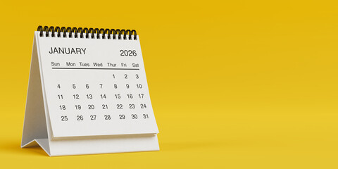 White Desk Monthly January 2026 Business Calendar. 3d Rendering
