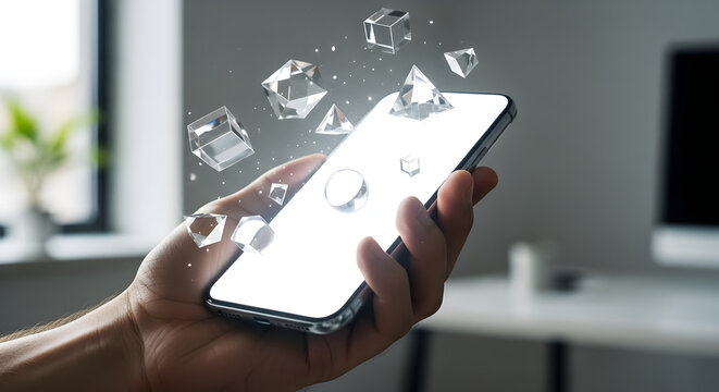 Hand Holding Modern Smartphone with Glowing Screen and Holographic Geometric Shapes Floating Around.