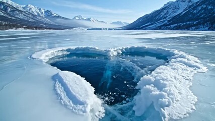 A heart shaped hole in the frozen surface of a vast icy lake with snow capped mountains in the background under a clear blue sky - Powered by Adobe
