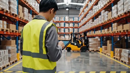 Warehouse worker in a high visibility vest uses a tablet to manage inventory among tall shelves and a forklift - Powered by Adobe