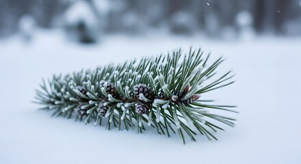 Tranquil Winter Scene: Frosted Pine Branch Adorned with Tiny Pinecones on a Bed of Snow.