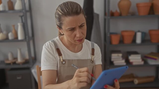 Woman holds stylus and writes on a blue tablet in a pottery studio with clay pots and vases; creative concentration.
