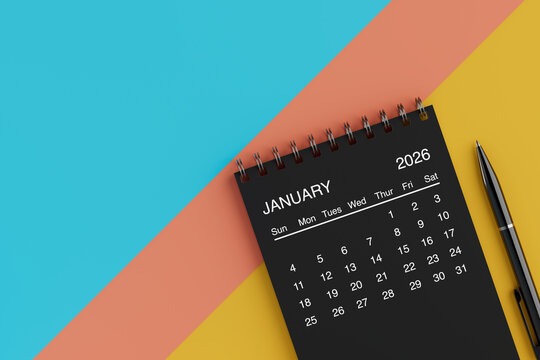Black Flip Monthly January 2026 Business Calendar with Black Pen. 3d Rendering - Powered by Adobe