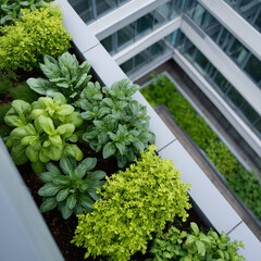 Urban rooftop garden with green plants and herbs