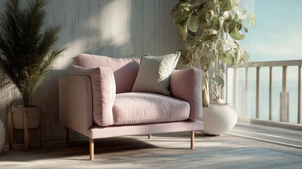 Obraz premium A cozy pink armchair on a balcony, perfect for relaxation with plants
