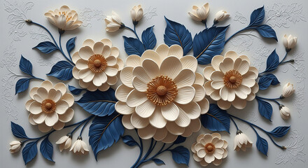Elegant 3D Floral Relief Art with Cream Blossoms, Blue Leaves and Gold Accents, 3D Floral Wallpaper, 3D Wall Mural, 3D Floral Background.