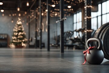 New Year tree in gym before holiday enhances festive atmosphere, kettlebell with red ribbon sits on floor, warm lighting creates cozy feel. concept of Christmas tree in gym decor.