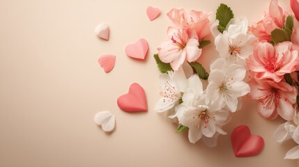 Pink and White Cherry Blossom Flowers with Heart-shaped Decorations on Light Beige Background