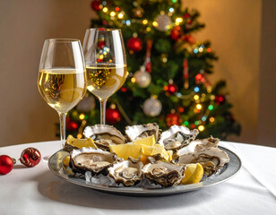 Festive celebration with oysters and white wine by a Christmas tree