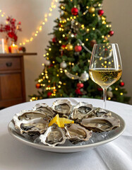 Enjoying firefly oysters and white wine at a festive Christmas table with a tree in the background