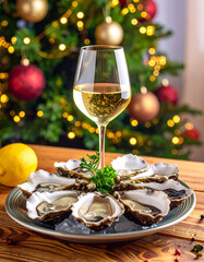 Enjoying oysters and white wine on a festive Christmas table with a beautifully decorated tree in the background