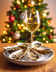 Delicious oysters and white wine on a festive table with a Christmas tree in the background