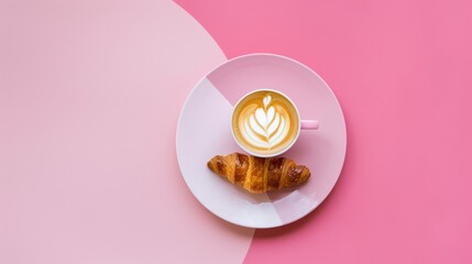 Pink and White Coffee Cup with Latte Art and Croissant on Plate on Colorful Background