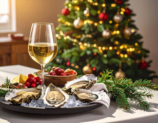 Elegant Christmas celebration with white wine and oysters on a festive table near a decorated tree