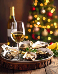Festive table setting with oysters, white wine, and a Christmas tree glowing in the background