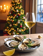 Delightful oysters and white wine on a festive Christmas table with a decorated tree in the background