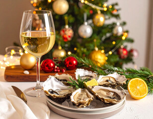Oysters and white wine create a festive Christmas table setting with a tree in the background