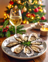 Delicious oysters and white wine on a festive table with a Christmas tree in the background