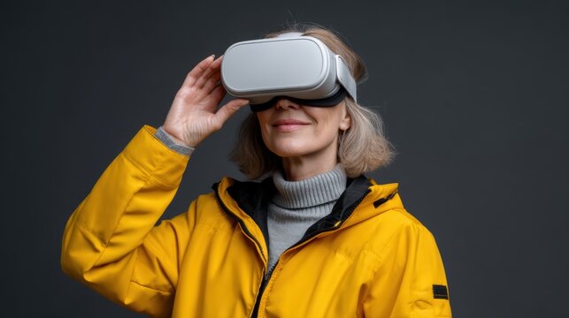 Woman experiencing virtual reality with modern VR headset wearing a vivid yellow jacket enhancing immersion in digital worlds