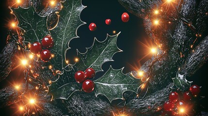 Christmas wreath card holly leaves berries lights around, ultra HD postcard style