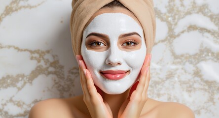 Woman with a towel on her head applying a facial mask for skincare and beauty routine