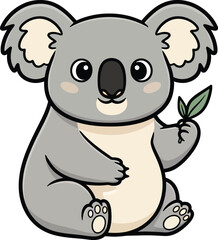Fototapeta premium Cute kawaii koala holding eucalyptus leaf vector illustration