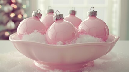 Pink Christmas Ornaments on White Plate in Festive Home Decor Setting