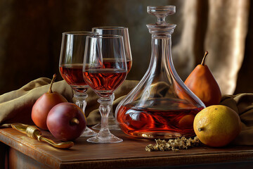 photorealistic still life featuring a glass decanter of wine, elegant wine glasses, and a selection of ripe fruits