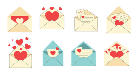 An assortment of open envelopes with love letters and hearts, representing romantic messages, Valentine's Day, and heartfelt communication.