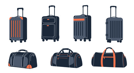 A collection of modern travel luggage, including various hard-shell suitcases with wheels and soft duffel bags, perfect for vacations and trips.