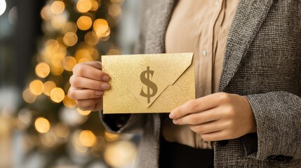 Businesswoman receives festive gold envelope with dollar symbol during holiday office celebration