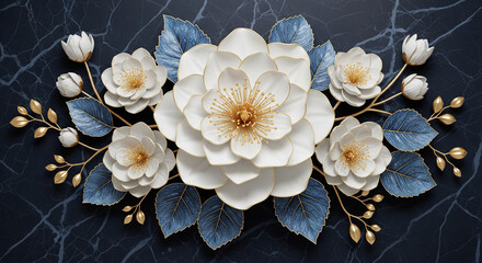 Luxurious Bark Black Marble Background with 3D Sculpted Flowers, 3D Floral Wallpaper, 3D Wall Mural, 3D Floral Background.